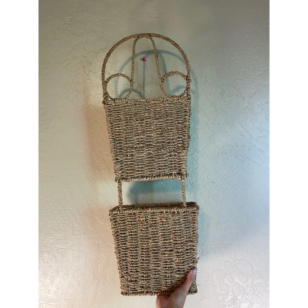 Vintage Woven Seagrass 2 Tier Wall Hanging Basket Organizer Natural Boho Storage
